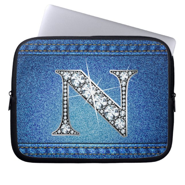 N Faux "Diamond" Denim Stitching Electronics Bag Laptop Sleeve (Voorkant)