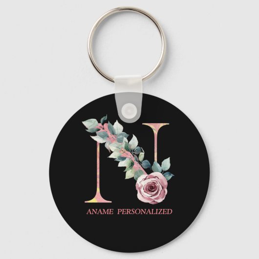 N Floral Monogram Name Letters Roze Agate Sleutelh Sleutelhanger (Voorkant)