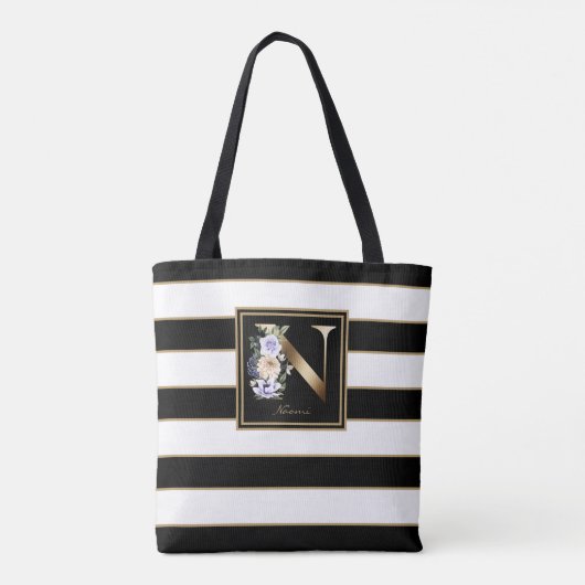 N Gold Floral Monogram | Zwarte witte gouden strep Tote Bag (Achterkant)