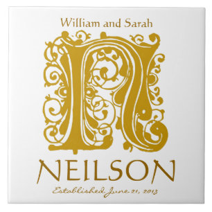 N Gold Monogram op White - Names Wedding Date Tile Tegeltje