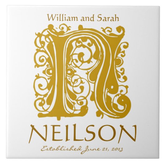 N Gold Monogram op White - Names Wedding Date Tile Tegeltje (Voorkant)
