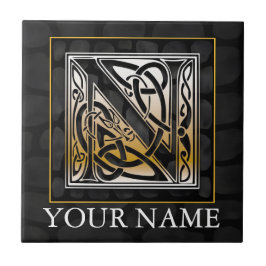 N "Jouw naam" Celtic Black Stone Monogram Tegel Tegeltje