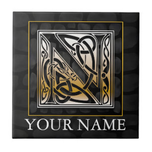 N "Jouw naam" Celtic Black Stone Monogram Tegel Tegeltje