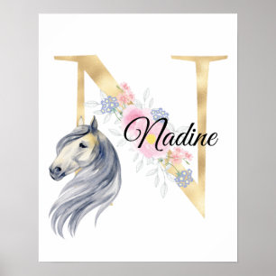 N letter gepersonaliseerde naam monogram met paard poster