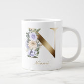 N Letter Gold Monogram Light Paars Cream Floral Grote Koffiekop (Rechts)