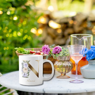 N Letter Gold Monogram Light Paars Cream Floral Grote Koffiekop