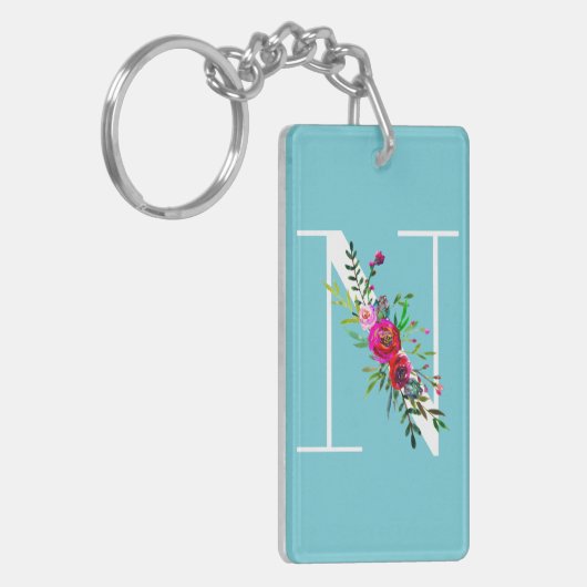 N Letter Initiaal Monogram Bloemen Aangepaste kleu Sleutelhanger (Voorkant Links)