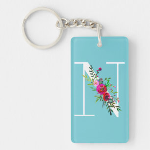 N Letter Initiaal Monogram Bloemen Aangepaste kleu Sleutelhanger