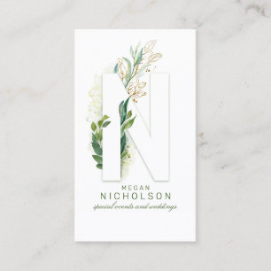 N Letter Monogram Gold Greenery Leaves Elegant Visitekaartje
