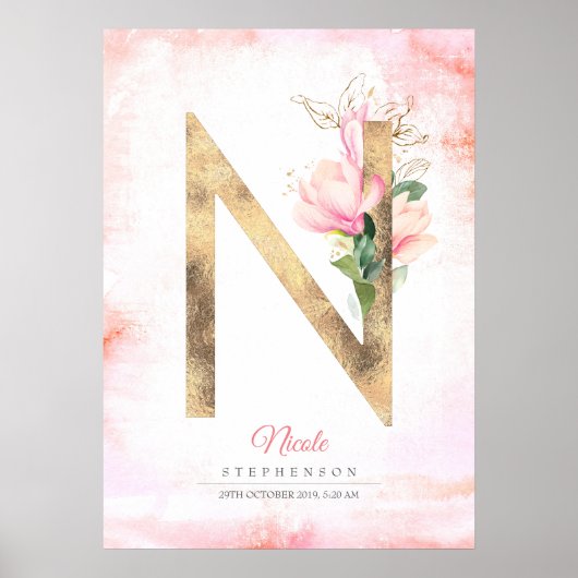 N Letter Monogram Gold Leaves Pink Magnolia Floral Poster (Voorkant)