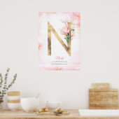N Letter Monogram Gold Leaves Pink Magnolia Floral Poster (Keuken)