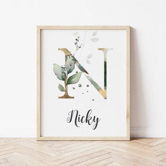 N Letter Monogram Groen Kwekerij Naam Muur Print