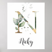N Letter Monogram Groen Kwekerij Naam Muur Print (Voorkant)