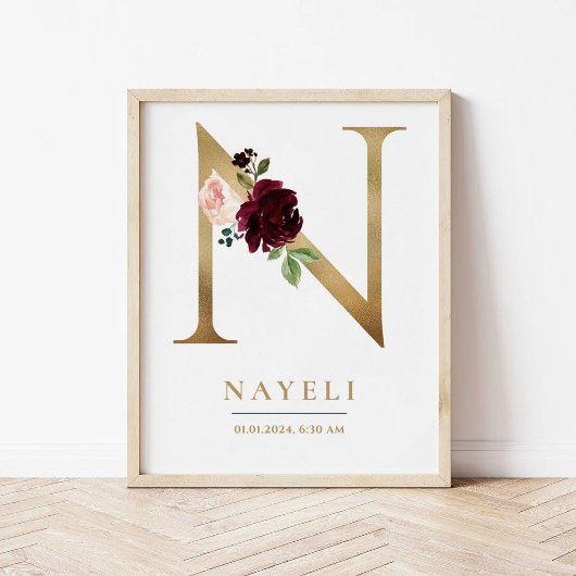 N Letter Monogram Naam Marsala Bloemenkwekerij Poster