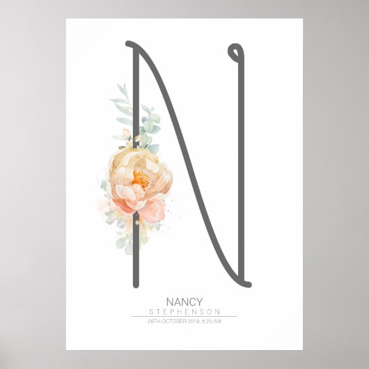 N Letter Monogram Roze Perzik Bloemige Huisdecorat Poster (Voorkant)