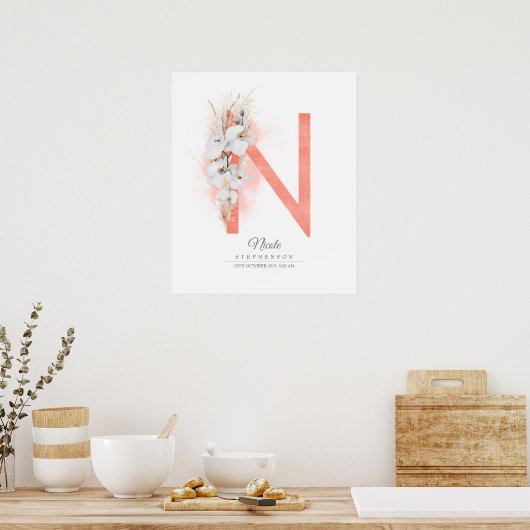 N Letter Monogram Witte Orchideeën en Pampasgras Poster (Keuken)