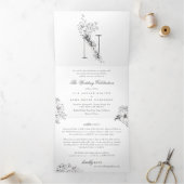 'N' Monogram Beauful Sketched Floral Wedding Drieluik Uitnodiging (Binnen)