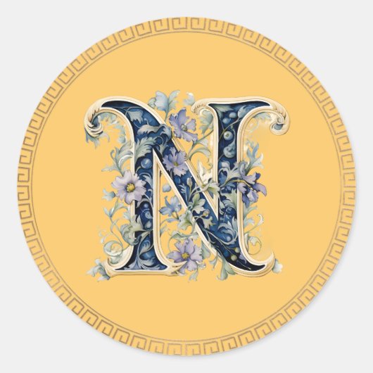 N monogram blauw-gouden bloem ronde sticker (Voorkant)