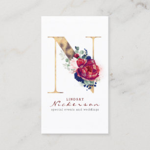 N Monogram Bourgogne Goud en Marine Blauwe Bloemen Visitekaartje