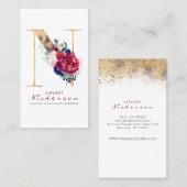 N Monogram Bourgogne Goud en Marine Blauwe Bloemen Visitekaartje (Voorkant / Achterkant)