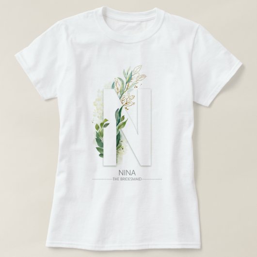 N Monogram Gold Greenery Leaves Elegant T-shirt (Design voorkant)