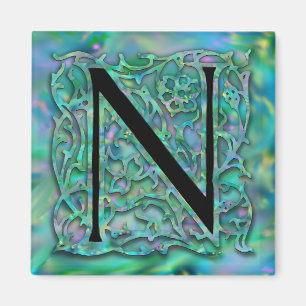 N Monogram "Green Garden Besque" Square Magnet