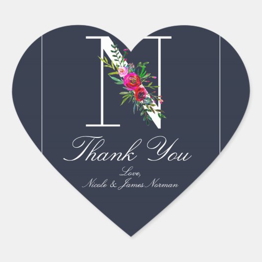 N Monogram Laatste Initiaal Modern Blauw Bloem Bru Hart Sticker (Voorkant)