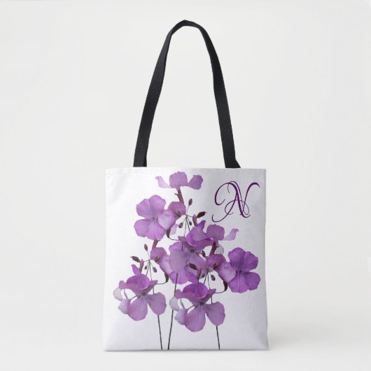 N monogram paarse bloem bloemenstrand tote bag (Voorkant)