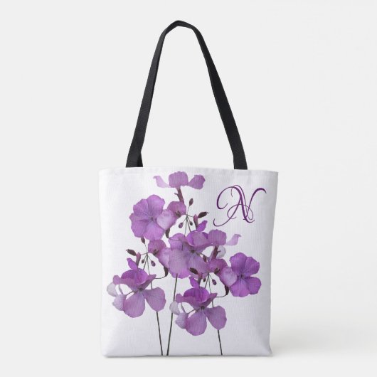 N monogram  paarse bloem bloemenstrand tote bag (Achterkant)