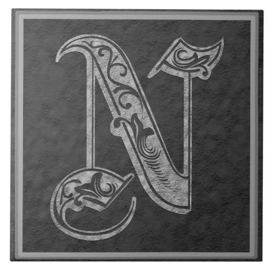 N Monogram "Royal Grey Stone" keramische tegels Tegeltje (Voorkant)