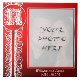 N Monogram "White Lace on Red" met foto - Tegel Tegeltje