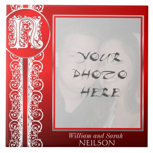 N Monogram "White Lace on Red" met foto - Tegel Tegeltje (Voorkant)
