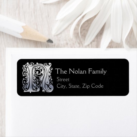 N Monogram "Zilveren Kant" ontwerp Adreslabels Etiket (Insitu)