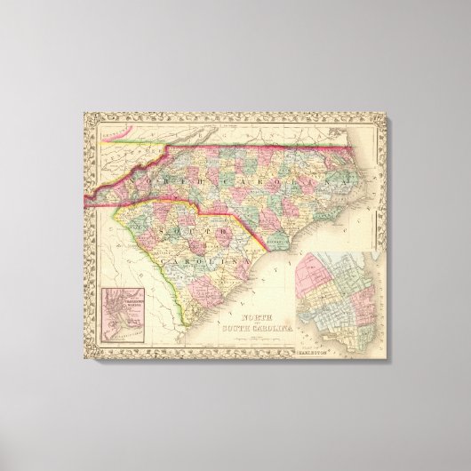 N & S Carolina Map door Mitchell Canvas Afdruk (Voorkant)
