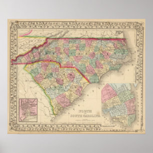 N & S Carolina Map door Mitchell Poster