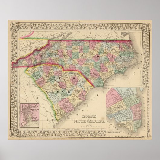 N & S Carolina Map door Mitchell Poster (Voorkant)