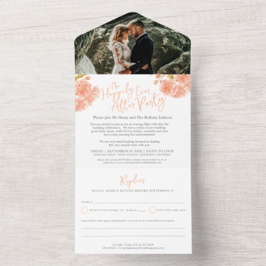 Na bruiloft foto perzik lente bloesem all in one uitnodiging (Binnen)