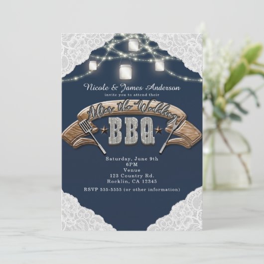 NA DE BRUILOFT BBQ Blue Mason Jar Lights & Lace Kaart (Staand voorkant)
