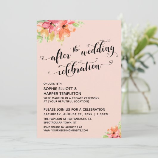 Na de Bruiloft Viering Script Blush Bloemen Kaart (Staand voorkant)
