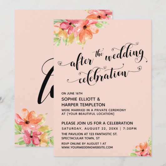 Na de Bruiloft Viering Script Blush Bloemen Kaart (Voorkant / Achterkant)