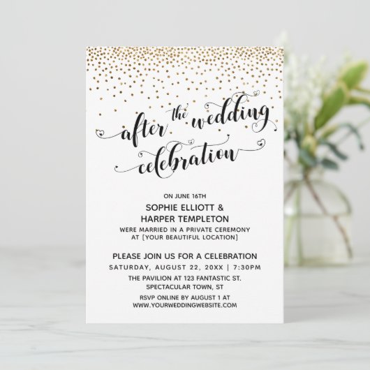 Na de Huwelijksvoltrekking Script Gouden Confetti Kaart (Staand voorkant)