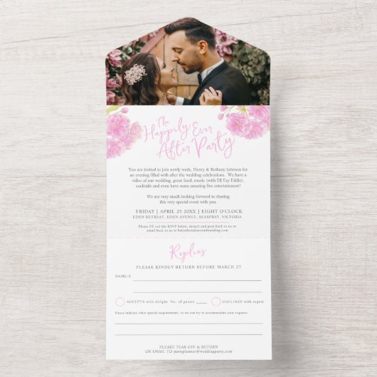 Na het huwelijksfeest foto roze lente bloesem all in one uitnodiging (Binnen)