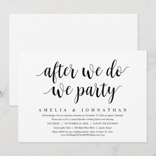 Na het Jawoord, Feest! Trouw Elopement Dinner Kaart (Voorkant / Achterkant)