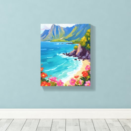 Na Pali Coast Kauai Hawaii Coastline Painting Canvas Afdruk (Insitu (Houten vloer))