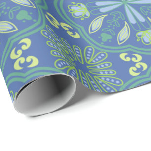 Naadloos blauw en groen bloempatroon  cadeaupapier