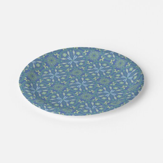 Naadloos blauw en groen bloempatroon papieren bordje (Gekanteld)