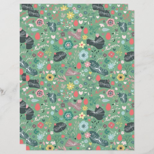 Naadloos bloem- en libellenpatroon op groen (Voorkant / Achterkant)