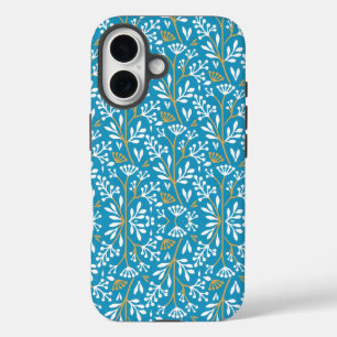 Naadloos Bloemmotief: Wit en Goud op Blauw iPhone 16 Hoesje