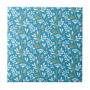 Naadloos Bloemmotief: Wit en Goud op Blauw Tegeltje