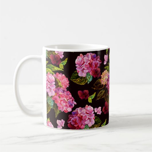 Naadloos bloempatroon. Hydrangea op een donker Koffiemok (Links)